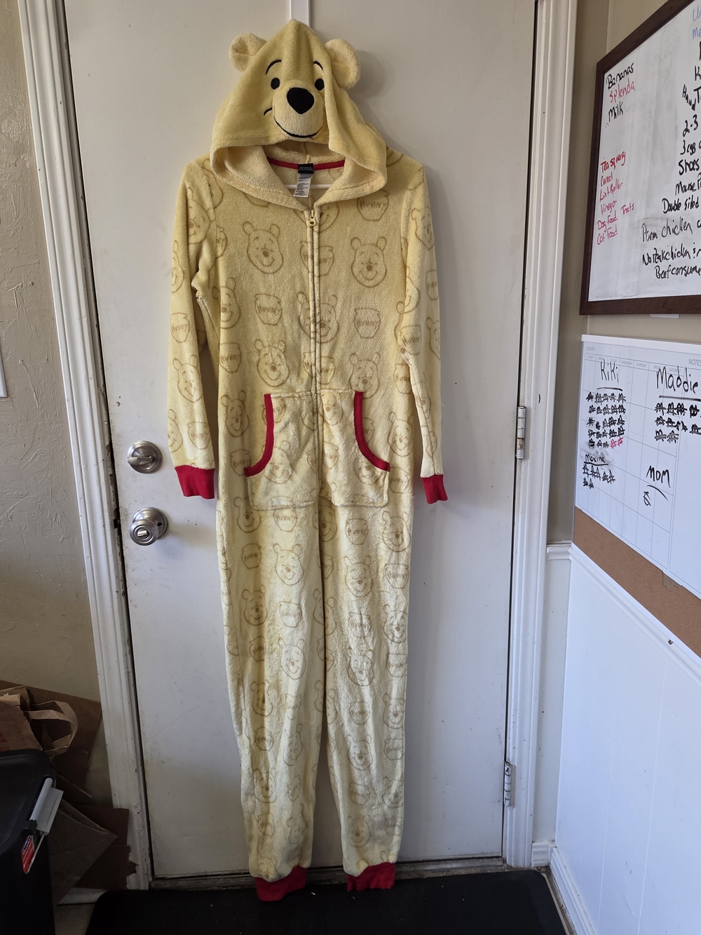 Disney Yellow Winnie the Pooh Hooded Fleece Jumpsuit with Red Trim Women Size M